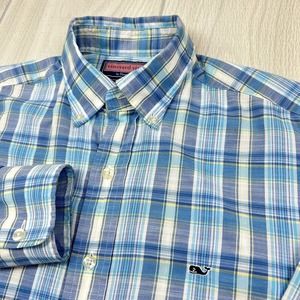 Vineyard Vines Shirt Mens Small Blue Plaid Whale Button Up Long Sleeve